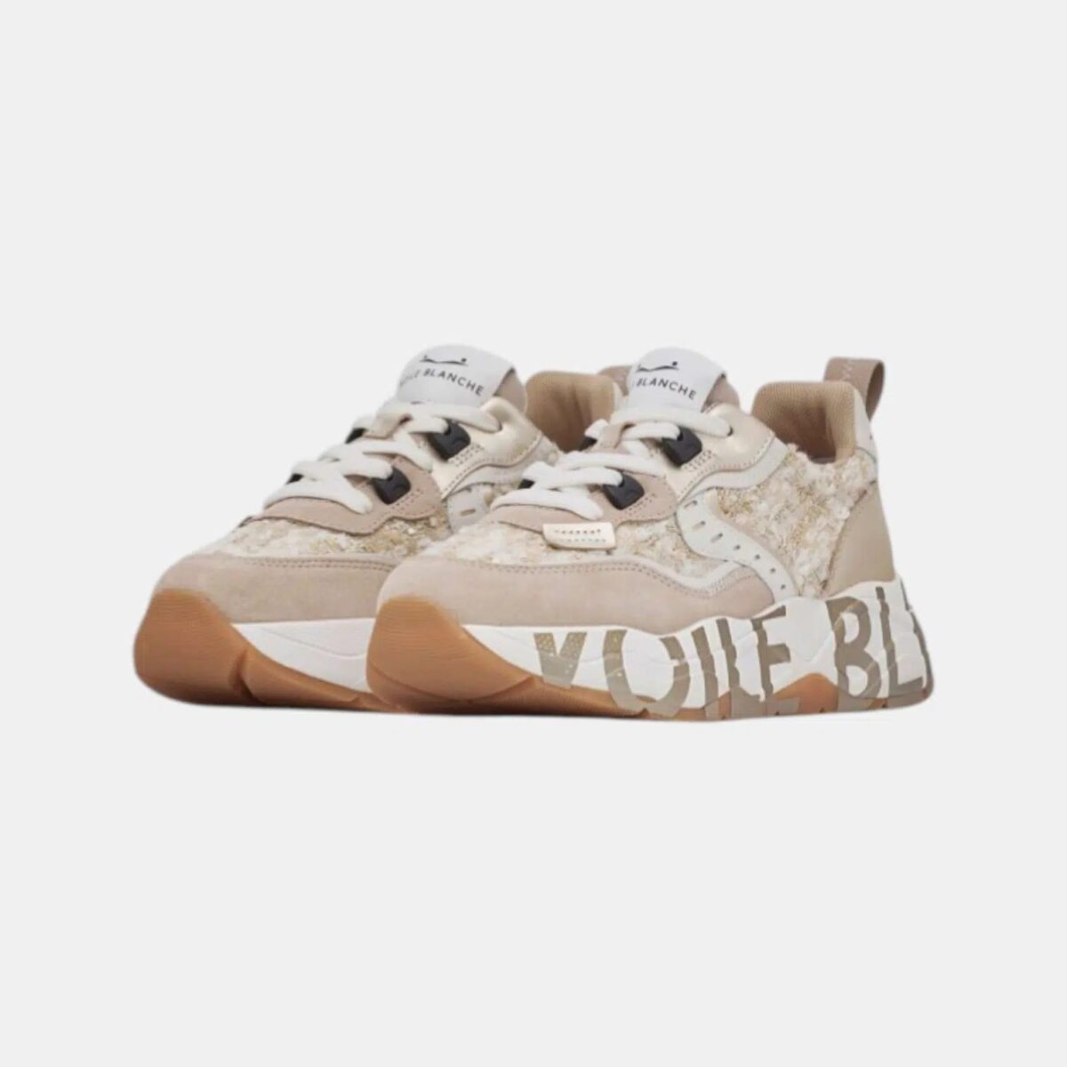 Sneakers Club105 Voile Blanche In Tessuto E Pelle Beige Dettagli Frontali 2E49