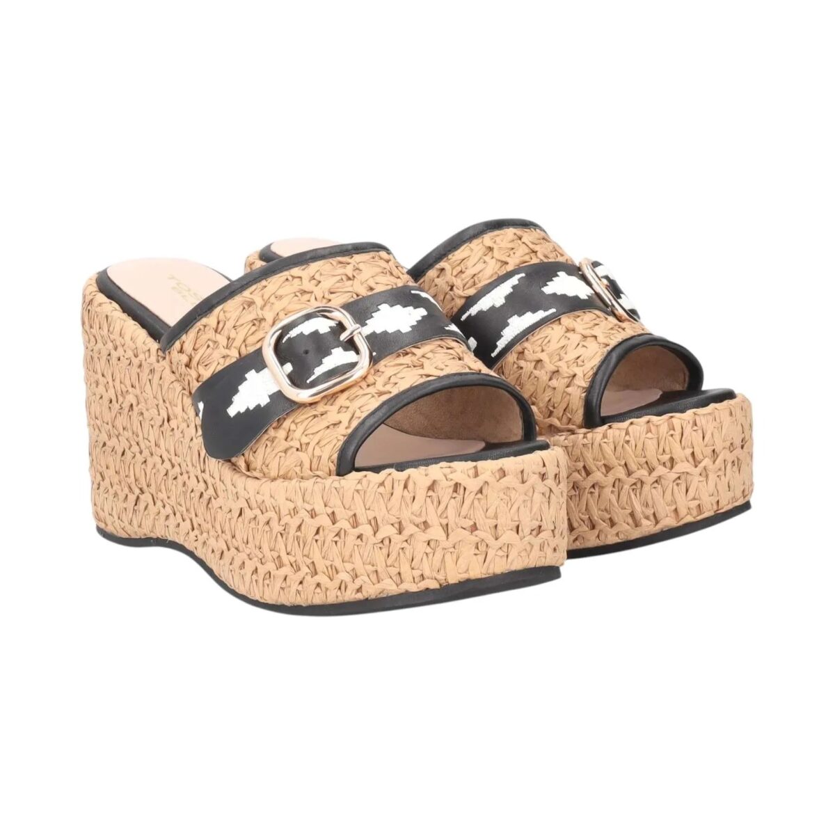 Zeppa Tulum Tosca Blu In Rafia Naturale E Pelle Nera Dettagli 2635S352